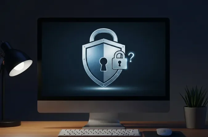 Monitor de computador exibindo um grande ícone de escudo com cadeado e um cadeado aberto com ponto de interrogação, simbolizando segurança digital.