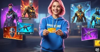 Mulher com cabelo rosa sorrindo, segurando um cartão presente "GIFT CARD", cercada por personagens e itens do jogo Free Fire.