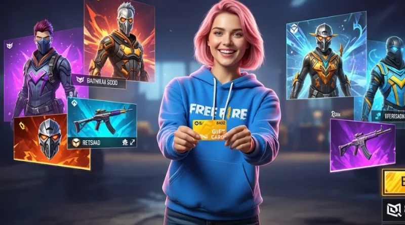 Mulher com cabelo rosa sorrindo, segurando um cartão presente "GIFT CARD", cercada por personagens e itens do jogo Free Fire.
