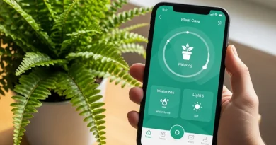 Mão segurando smartphone com aplicativo "Plant Care" exibindo status de rega e luz para uma samambaia em vaso.