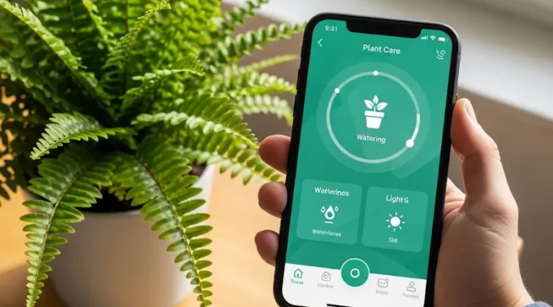 Mão segurando smartphone com aplicativo "Plant Care" exibindo status de rega e luz para uma samambaia em vaso.
