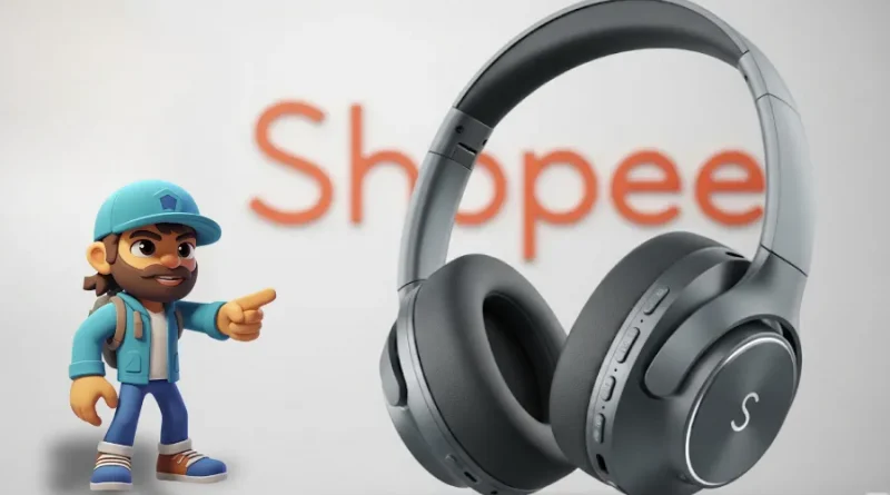 Fones de ouvido over-ear cinzas ao lado de personagem 3D animado apontando, com o logo da Shopee ao fundo.