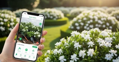 Smartphone exibindo aplicativo "Garden Genius" com ferramentas de jardinagem, em frente a um jardim exuberante de flores brancas.