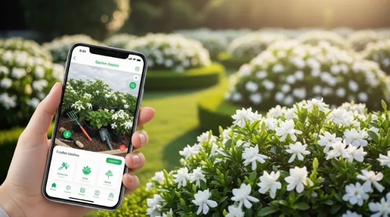 Smartphone exibindo aplicativo "Garden Genius" com ferramentas de jardinagem, em frente a um jardim exuberante de flores brancas.