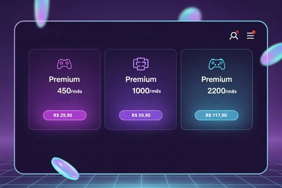 Interface digital com três opções de planos de assinatura "Premium" e seus preços em reais.