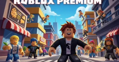 Logotipo "Roblox Premium" sobre uma ilustração de avatares Roblox em um cenário urbano animado.
