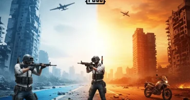 Imagem promocional do jogo PUBG, dividida em duas metades: uma em tons frios de azul com um personagem e outra em tons quentes de laranja e fogo com outro personagem, ambos em uma cidade destruída.