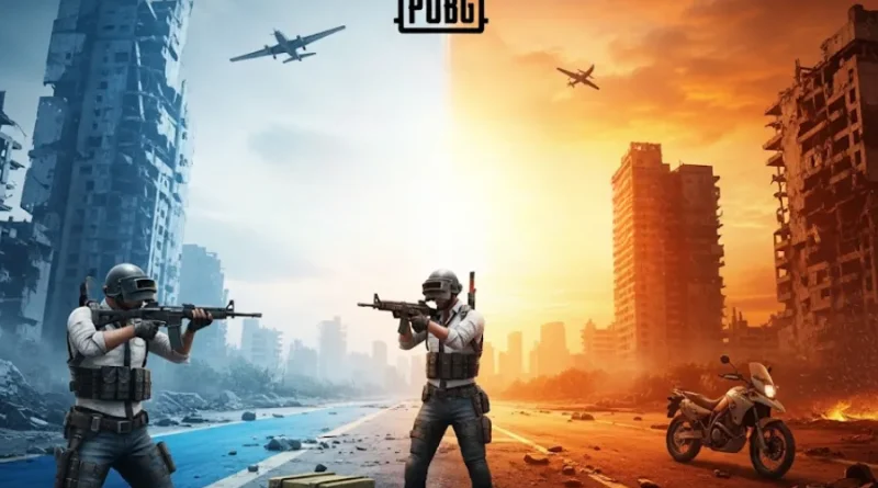 Imagem promocional do jogo PUBG, dividida em duas metades: uma em tons frios de azul com um personagem e outra em tons quentes de laranja e fogo com outro personagem, ambos em uma cidade destruída.
