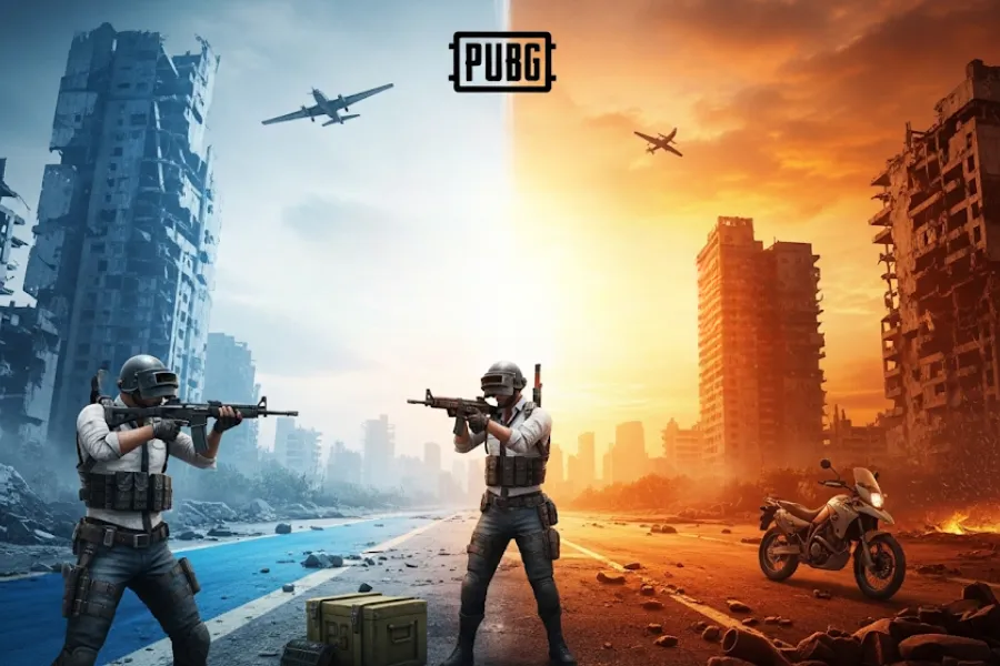 Imagem promocional do jogo PUBG, dividida em duas metades: uma em tons frios de azul com um personagem e outra em tons quentes de laranja e fogo com outro personagem, ambos em uma cidade destruída.