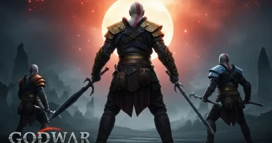 Arte do jogo God of War com Kratos e dois guerreiros de costas segurando espadas, em um cenário de montanhas escuras com um grande sol laranja e o título "GODWAR RAGATOK" na parte inferior.