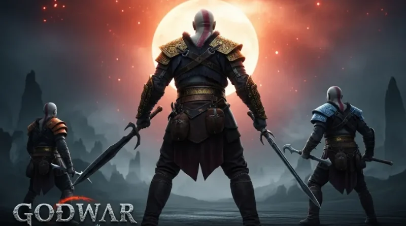 Arte do jogo God of War com Kratos e dois guerreiros de costas segurando espadas, em um cenário de montanhas escuras com um grande sol laranja e o título "GODWAR RAGATOK" na parte inferior.