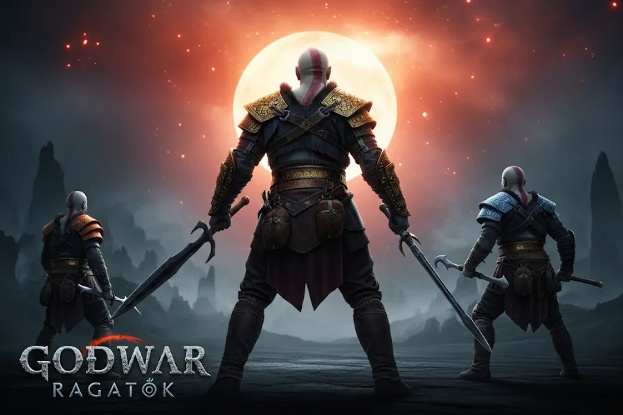 Arte do jogo God of War com Kratos e dois guerreiros de costas segurando espadas, em um cenário de montanhas escuras com um grande sol laranja e o título "GODWAR RAGATOK" na parte inferior.