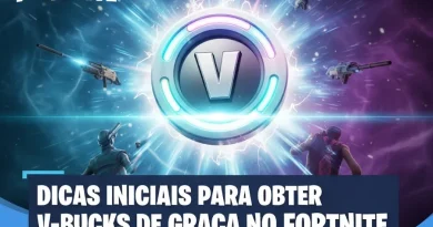 Arte do jogo Fortnite com o logo V-Bucks brilhando no centro e o texto "DICAS INICIAIS PARA OBTER V-BUCKS DE GRAÇA NO FORTNITE" em um banner azul.