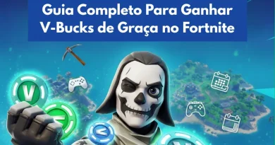 Personagem de Fortnite com máscara de esqueleto (Ghoul Trooper) e moedas V-Bucks flutuantes, com o texto "Guia Completo Para Ganhar V-Bucks de Graça no Fortnite" em um banner azul.