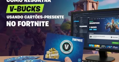 Mão segurando um cartão-presente de V-Bucks do Fortnite, com a tela do computador ao fundo exibindo a interface de resgate e o texto "COMO RESGATAR V-BUCKS USANDO CARTÕES-PRESENTE NO FORTNITE".