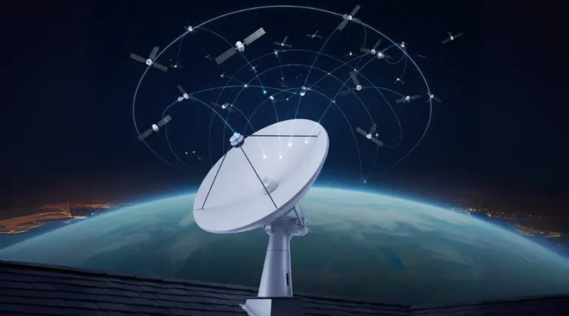 Uma antena parabólica em um telhado, conectada a uma rede de satélites que circulam a Terra, simbolizando internet via satélite e telecomunicações globais.