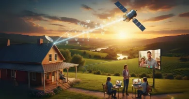 Ilustração de uma família usando internet via satélite em uma casa de fazenda, com um satélite no céu enviando o sinal e ícones de aplicativos flutuando.