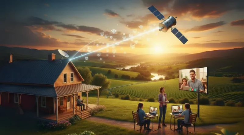 Ilustração de uma família usando internet via satélite em uma casa de fazenda, com um satélite no céu enviando o sinal e ícones de aplicativos flutuando.