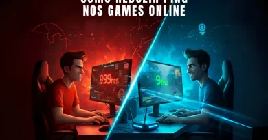 Ilustração comparativa de dois gamers: um frustrado com ping alto (999ms, lado vermelho) e outro feliz com ping baixo (9ms, lado azul), e o título "COMO REDUZIR PING NOS GAMES ONLINE".