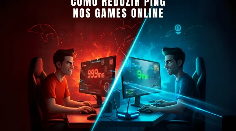 Ilustração comparativa de dois gamers: um frustrado com ping alto (999ms, lado vermelho) e outro feliz com ping baixo (9ms, lado azul), e o título "COMO REDUZIR PING NOS GAMES ONLINE".