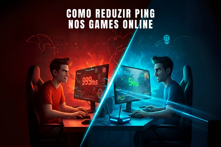 Ilustração comparativa de dois gamers: um frustrado com ping alto (999ms, lado vermelho) e outro feliz com ping baixo (9ms, lado azul), e o título "COMO REDUZIR PING NOS GAMES ONLINE".