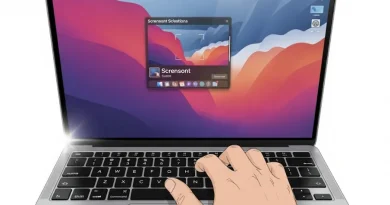 Uma mão pressionando as teclas Command, Shift e 4 de um teclado de laptop Mac para tirar um screenshot (captura de tela), com uma janela de screenshot aparecendo na tela.