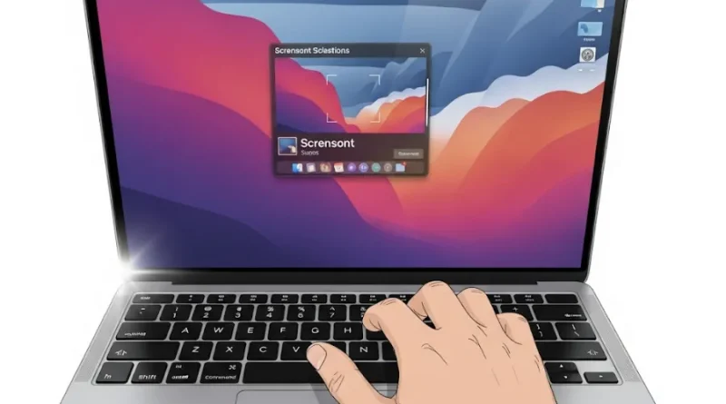 Uma mão pressionando as teclas Command, Shift e 4 de um teclado de laptop Mac para tirar um screenshot (captura de tela), com uma janela de screenshot aparecendo na tela.