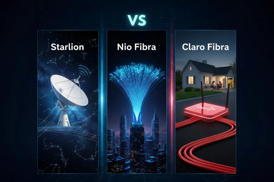 Comparação gráfica entre três tipos de internet: Starlink (satélite), Nio Fibra (fibra óptica em cidade) e Claro Fibra (cabo/fibra residencial).