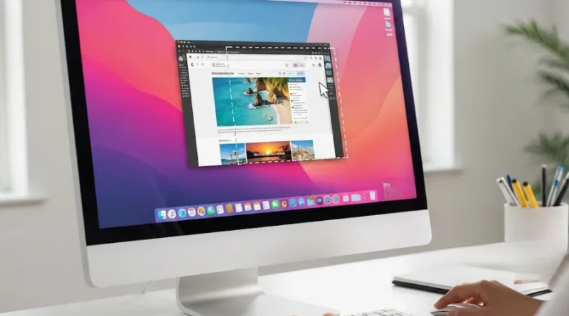Pessoa usando o mouse para tirar um screenshot de uma janela de navegador em um computador desktop da Apple, com a ferramenta de captura de tela ativa no macOS.