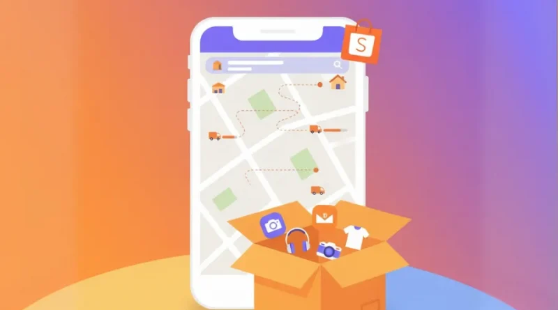 Ilustração de um smartphone exibindo o rastreamento de uma entrega no mapa do aplicativo Shopee, com uma caixa de produtos aberta em primeiro plano.