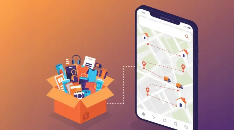 Ilustração de uma caixa aberta com produtos Shopee ao lado de um smartphone que exibe o rastreamento de entrega com caminhões e casas no mapa.