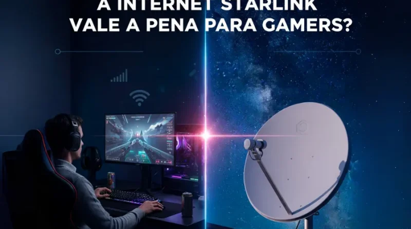 Imagem dividida mostrando um gamer em um PC de um lado e uma antena Starlink do outro, com o texto "A INTERNET STARLINK VALE A PENA PARA GAMERS?".