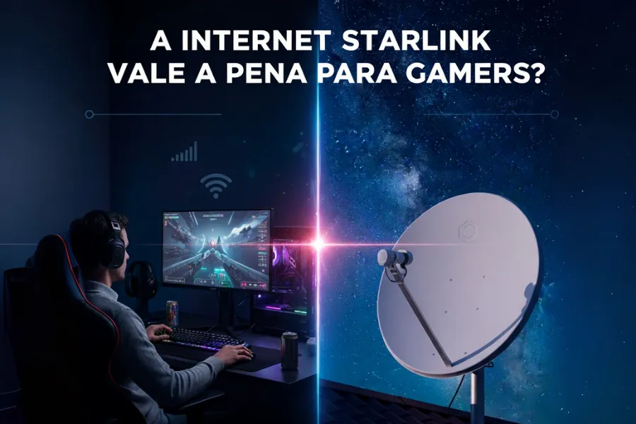 Imagem dividida mostrando um gamer em um PC de um lado e uma antena Starlink do outro, com o texto "A INTERNET STARLINK VALE A PENA PARA GAMERS?".