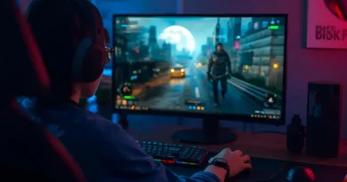 Gamer jogando e usando setup de PC, ilustrando o processo de como gravar gameplays e vídeos para YouTube.