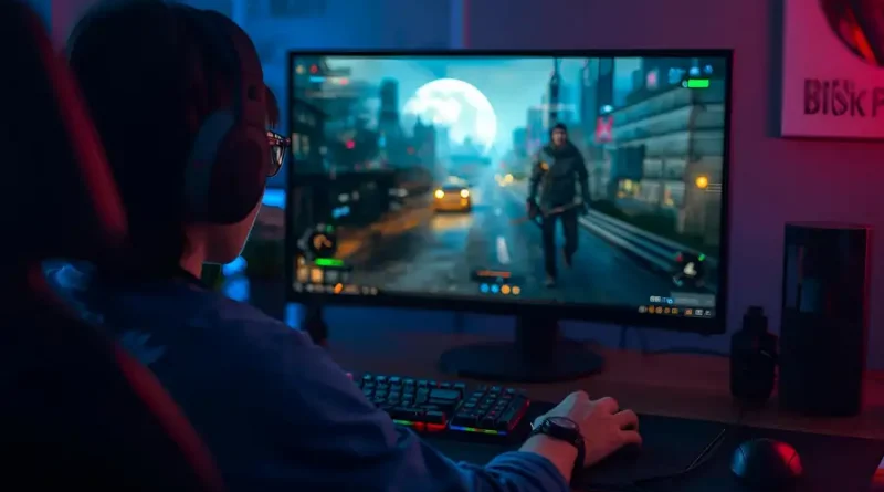 Gamer jogando e usando setup de PC, ilustrando o processo de como gravar gameplays e vídeos para YouTube.