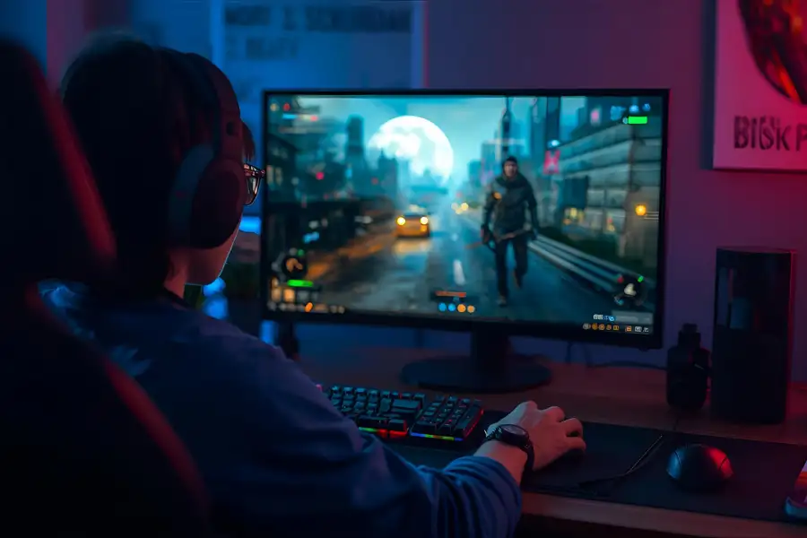 Gamer jogando e usando setup de PC, ilustrando o processo de como gravar gameplays e vídeos para YouTube.