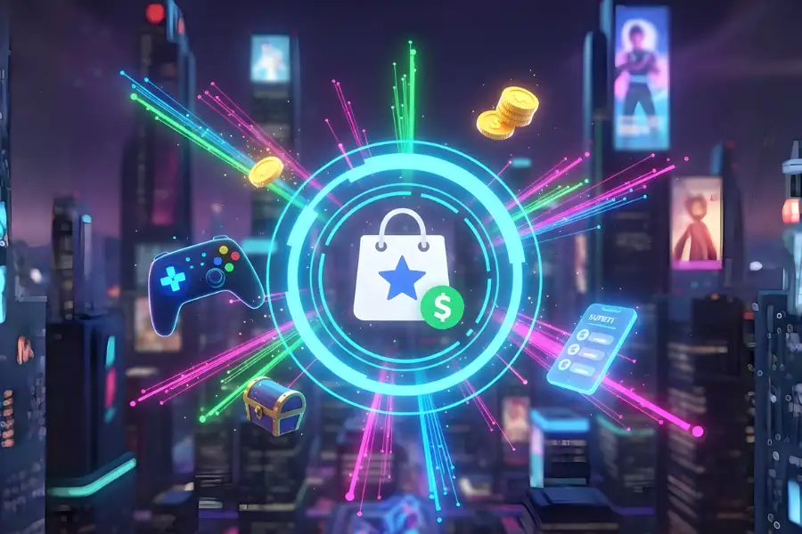 Ilustração do Google Opinion Rewards com moedas, controle de videogame e sacola, representando recompensas por pesquisas