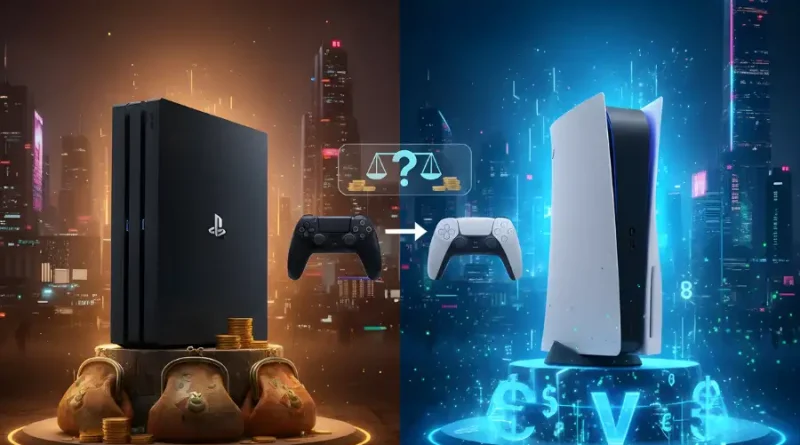 Comparação entre PS4 e PS5 com controles e moedas, ilustrando se vale a pena trocar PS4 por PS5 e os custos envolvidos.