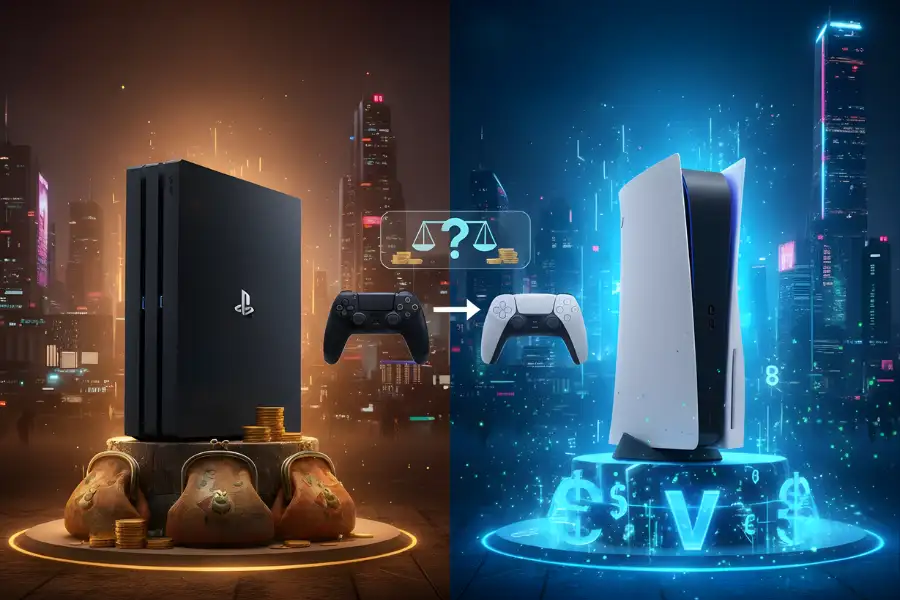 Comparação entre PS4 e PS5 com controles e moedas, ilustrando se vale a pena trocar PS4 por PS5 e os custos envolvidos.