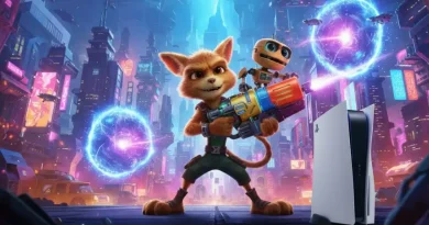 Ratchet e Clank com arma futurista e console PlayStation 5 em cenário cyberpunk, promovendo o jogo.