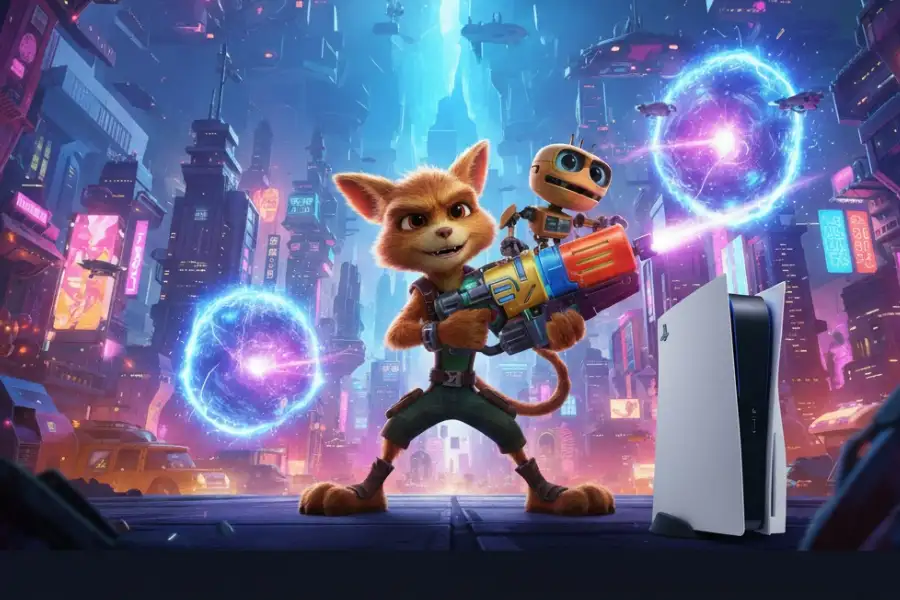 Ratchet e Clank com arma futurista e console PlayStation 5 em cenário cyberpunk, promovendo o jogo.