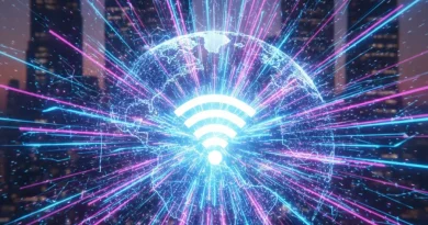 Ilustração futurista de uma cidade com um mapa neon do Brasil no chão, de onde saem feixes de luz que levam a um grande símbolo de Wi-Fi, representando a cobertura nacional de internet.