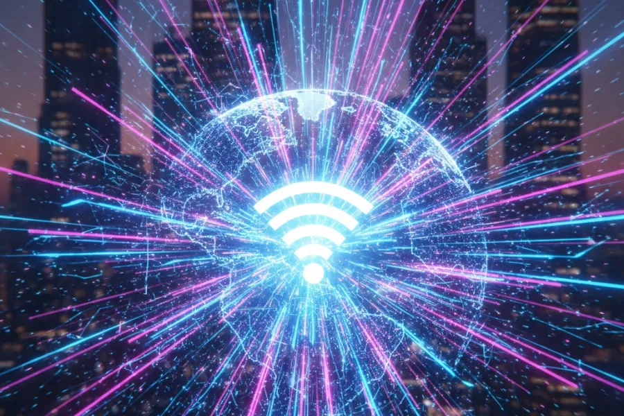 Ilustração futurista de uma cidade com um mapa neon do Brasil no chão, de onde saem feixes de luz que levam a um grande símbolo de Wi-Fi, representando a cobertura nacional de internet.