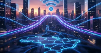 Globo terrestre em neon com um grande símbolo de Wi-Fi no centro, irradiando feixes de luz azul e rosa sobre o skyline de uma cidade, simbolizando conexão de alta velocidade.