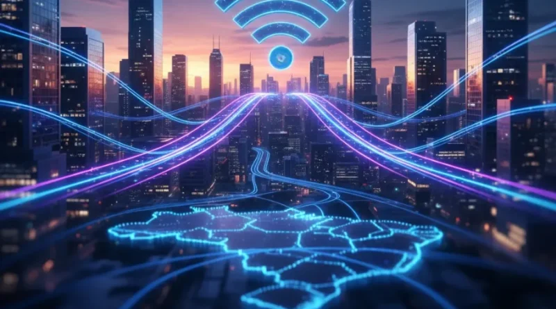 Globo terrestre em neon com um grande símbolo de Wi-Fi no centro, irradiando feixes de luz azul e rosa sobre o skyline de uma cidade, simbolizando conexão de alta velocidade.