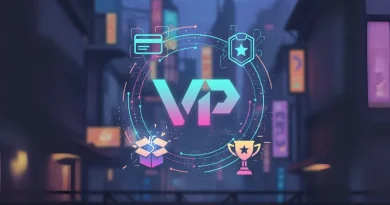 Baú de tesouro aberto em uma caverna neon, liberando ícones de recompensas virtuais em néon, como "VP", escudo de upgrade e troféu.