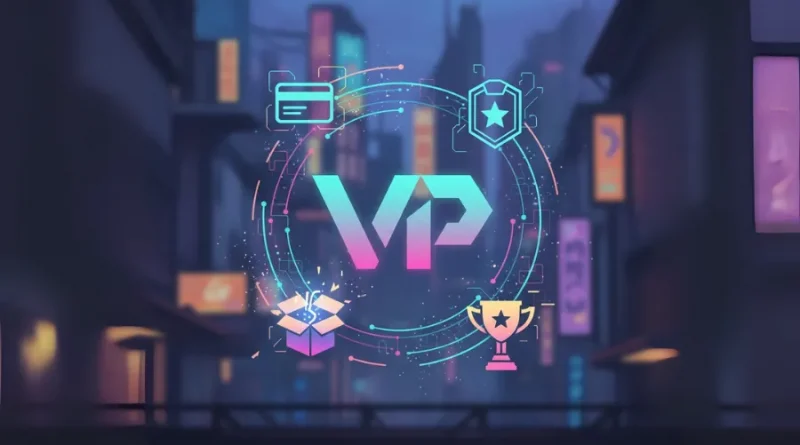 Baú de tesouro aberto em uma caverna neon, liberando ícones de recompensas virtuais em néon, como "VP", escudo de upgrade e troféu.