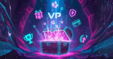 Símbolo "VP" em néon rosa e ciano, cercado por ícones de recompensas como cartão, presente e troféu, em um cenário de cidade futurista.