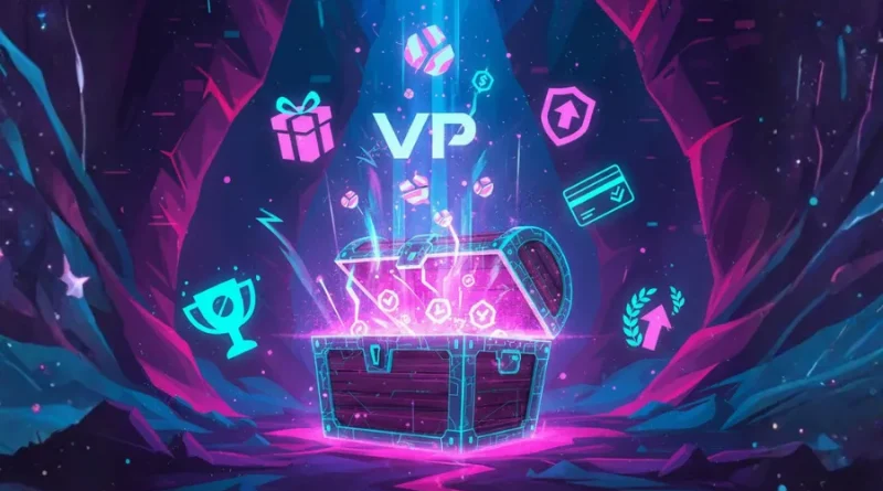 Símbolo "VP" em néon rosa e ciano, cercado por ícones de recompensas como cartão, presente e troféu, em um cenário de cidade futurista.