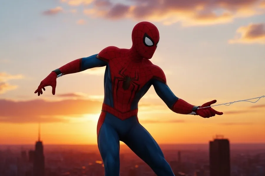 Homem-Aranha em traje clássico no topo de prédio ao pôr do sol, ilustrando a análise detalhada de Spider-Man Web of Shadows.